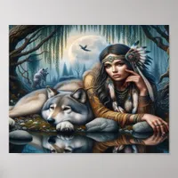 Mystical A Native American Woman With Wolves  8x10 Poster