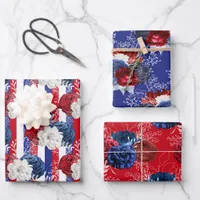 Red, White and Blue Floral USA Pattern Wrapping Paper Sheets