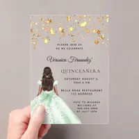 Quinceanera green gold dress stars clear acrylic invitations