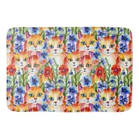 Whimsical Folk Art Watercolor Flowers and Cats Bath Mat