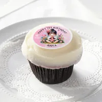 Pretty Personalized Asian Girl and Doll Birthday Edible Frosting Rounds