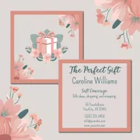 Floral wrapped gift pink green square business card