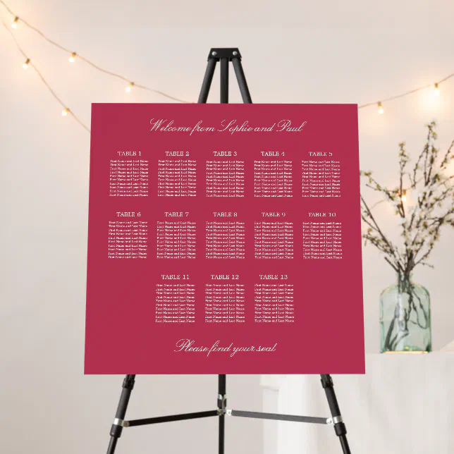 Cherry Magenta 13 Table Wedding Seating Chart Foam Board