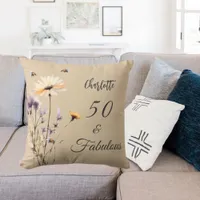 Wildflowers beige purple 50 fabulous birthday throw pillow