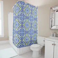 Mediterranean Blue Neon Mosaic-Hand-Painted Shower Curtain