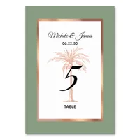 Sage Rose Gold Copper Palm Tree Modern Wedding Table Number