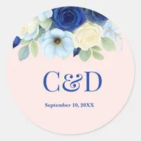 Navy Royal Bue Wedding Watercolor Ivory Flowers Classic Round Sticker