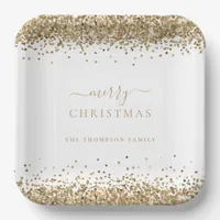 Gold Glitter White Name Merry Christmas  Paper Plates