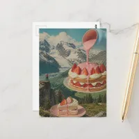 Strawberry Cake Mountain Surreal Retro Art Postcard