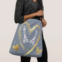 Gold Hearts King and Queen Chess Pieces on Grey | Crossbody Bag