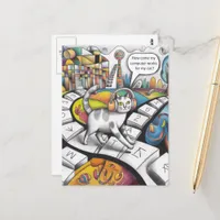 surreal colorful cat listens to music postcard