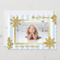 Pretty Gold and Blue Custom Photo Christmas Invitation