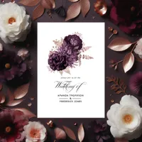 Dark Purple and Rose Gold Floral Wedding Tri-Fold Invitation