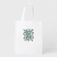 Let's Get Lit Funny Christmas Lights Holiday Party Grocery Bag