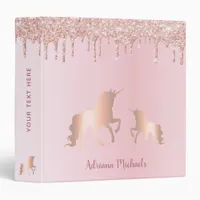 Unicorns rose gold glitter pink name 3 ring binder