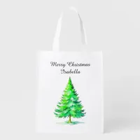 Personalized Christmas Tree Watercolor Grocery Bag