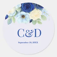 Navy Royal Bue Wedding Watercolor Ivory Flowers Classic Round Sticker