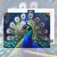 Gorgeous peacock with teal and gold plumage postcard