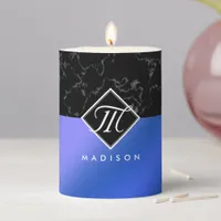 Elegant Black Marble & Royal Blue Foil Monogram Pillar Candle