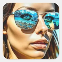 Pretty Woman with Reflection of Beach Sunglasses Square Sticker