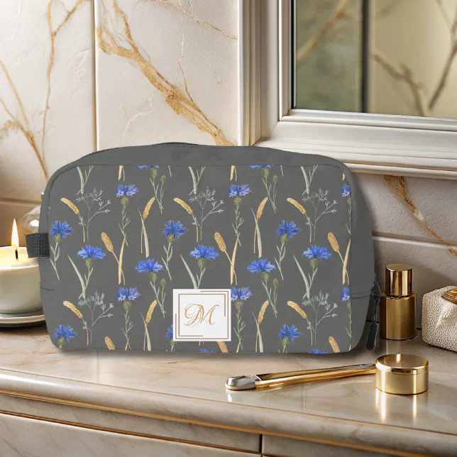 Grey Floral Wildflower Monogram Dopp Kit