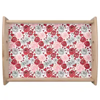 Doodle Art Style Red Pink Roses Hearts Valentine's Serving Tray