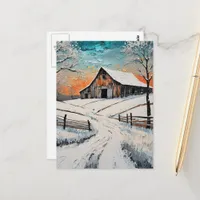 A winter barn postcard