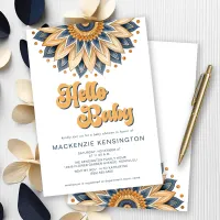 Hello Baby Blue Gold Retro Hippie Baby Shower Invitation