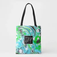 Aqua Blue and Lime Green Bubbles Marble Fluid Art Tote Bag