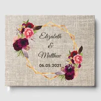 Rustic burlap beige floral burgundy wedding guest book