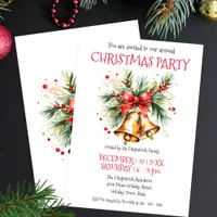 Golden Bells with Red Bow and Pine Christmas  Invitation