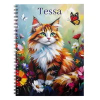 Cute Whimsical  Cat, Flowers and Butterflies Notebook
