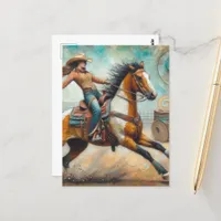 Rodeo Cowgirl on a Paint Horse Postcard