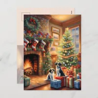 Festive decorated room, fireplace, dogs, vintage  postcard