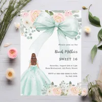 Sage green dress bow pink Sweet 16 invitation