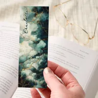 Dark Academia Teal Marble Gold Personalized Bookmarks