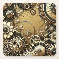 Vintage Gold Steampunk Metal Gears and Flowers Square Paper Coaster