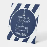 Elegant Nautical Striped Wedding -Navy Blue, White Pedestal Sign