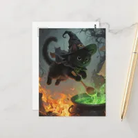 Adorable Black Witch Cat Making Potions Postcard