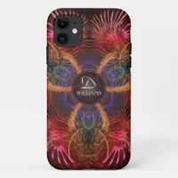 Red Fractal Art Feathers Custom Monogram Name iPhone 11 Case