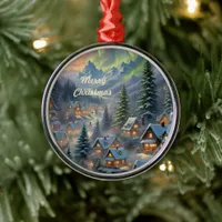 Christmas in a mountain village, polar lights  metal ornament