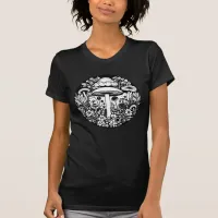 Black and White Retro Mushrooms and Flowers T-Shirt