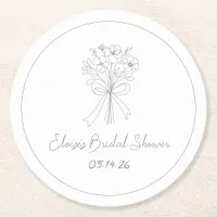 Hand Drawn Simple Flowers and Bow Bridal Shower Round Paper Coaster