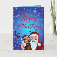 Watercolor Laughing Santa Claus Rudolf Smiling Card