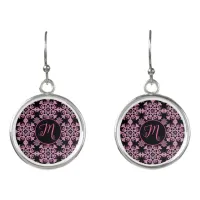 Pretty Pink Black Floral Leaves Filigree Monogram  Earrings