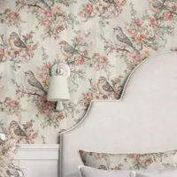 Birds and Cherry Blossoms on Beige Wallpaper