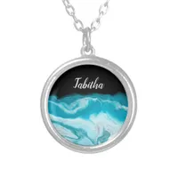 Ocean Waves Black Background   Silver Plated Necklace