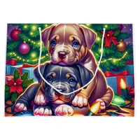 Two Cute Puppies Playing under the Christmas Tree Large Gift Bag