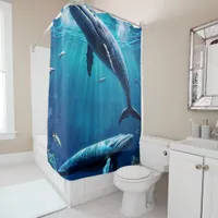 Two whales swimming among tropical fish shower curtain