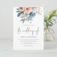 Dusty Rose & Blue Florals 3 Photos QR Code Wedding Invitation